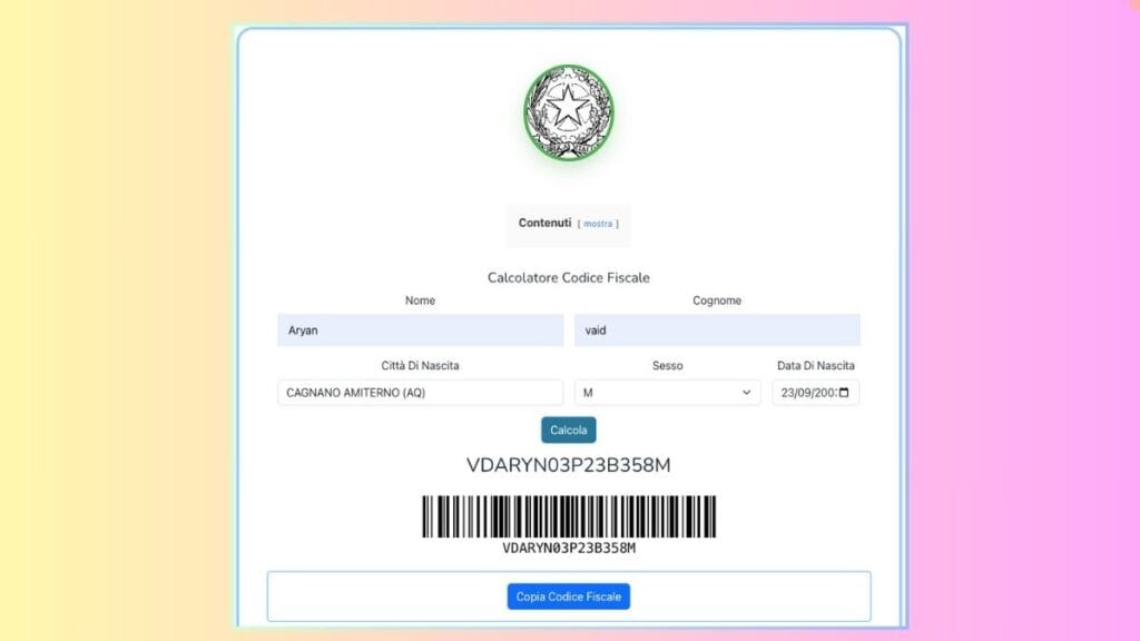 Calcolo codice fiscale online – calcolatore codice a barre